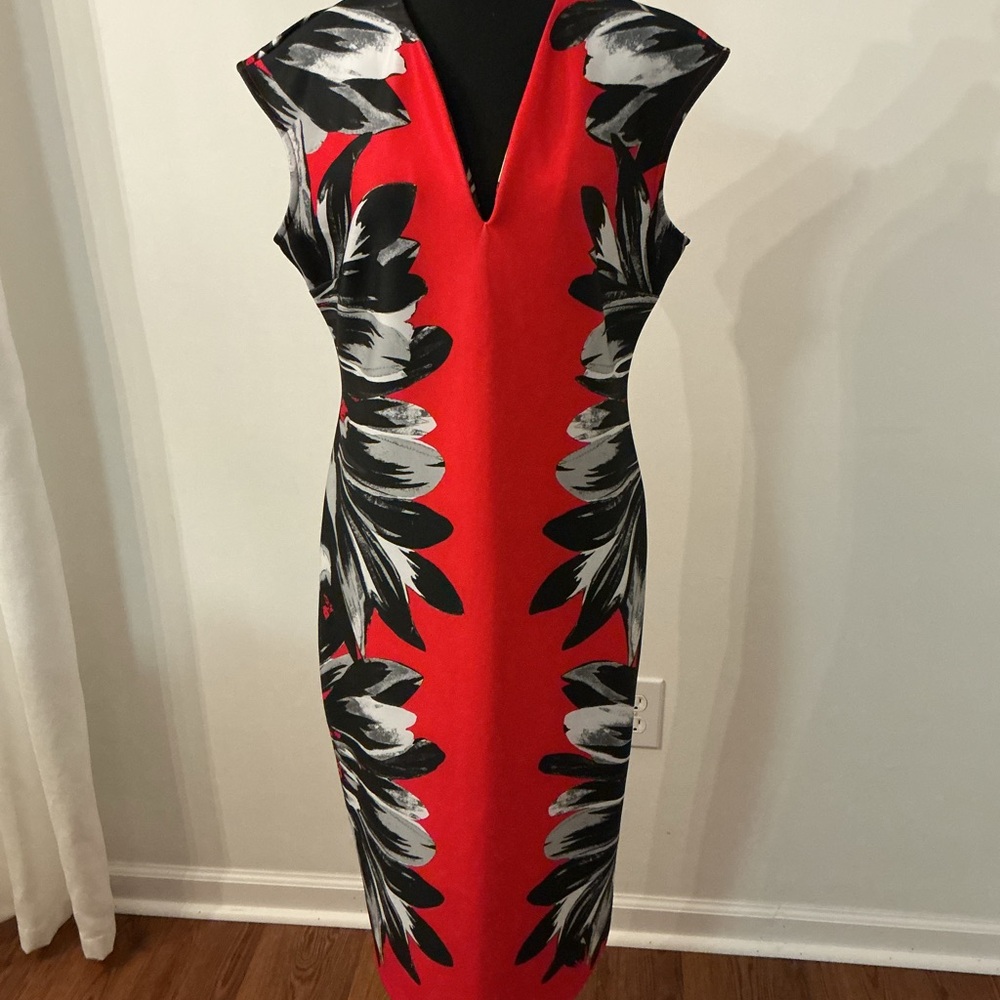 New York & Company Red Dress with Black and Gray Floral Design